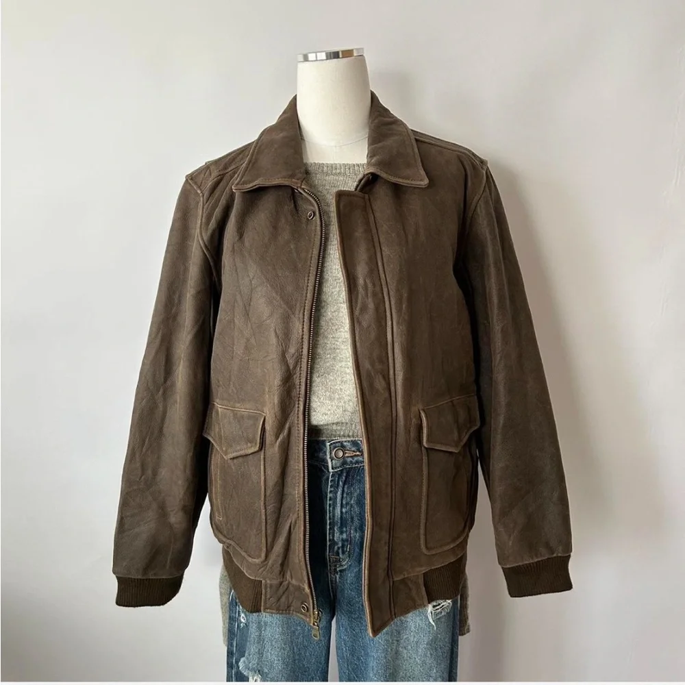 Vintage 1990s Class Club Distressed Leather Streetwear Bomber Jacket Brown. - Picture 4 of 8